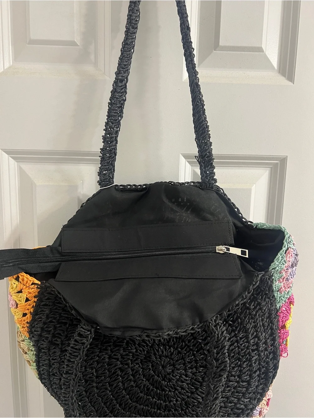Bohemian NWT Mandolin Black Straw Round Tote with Multicolor Accents